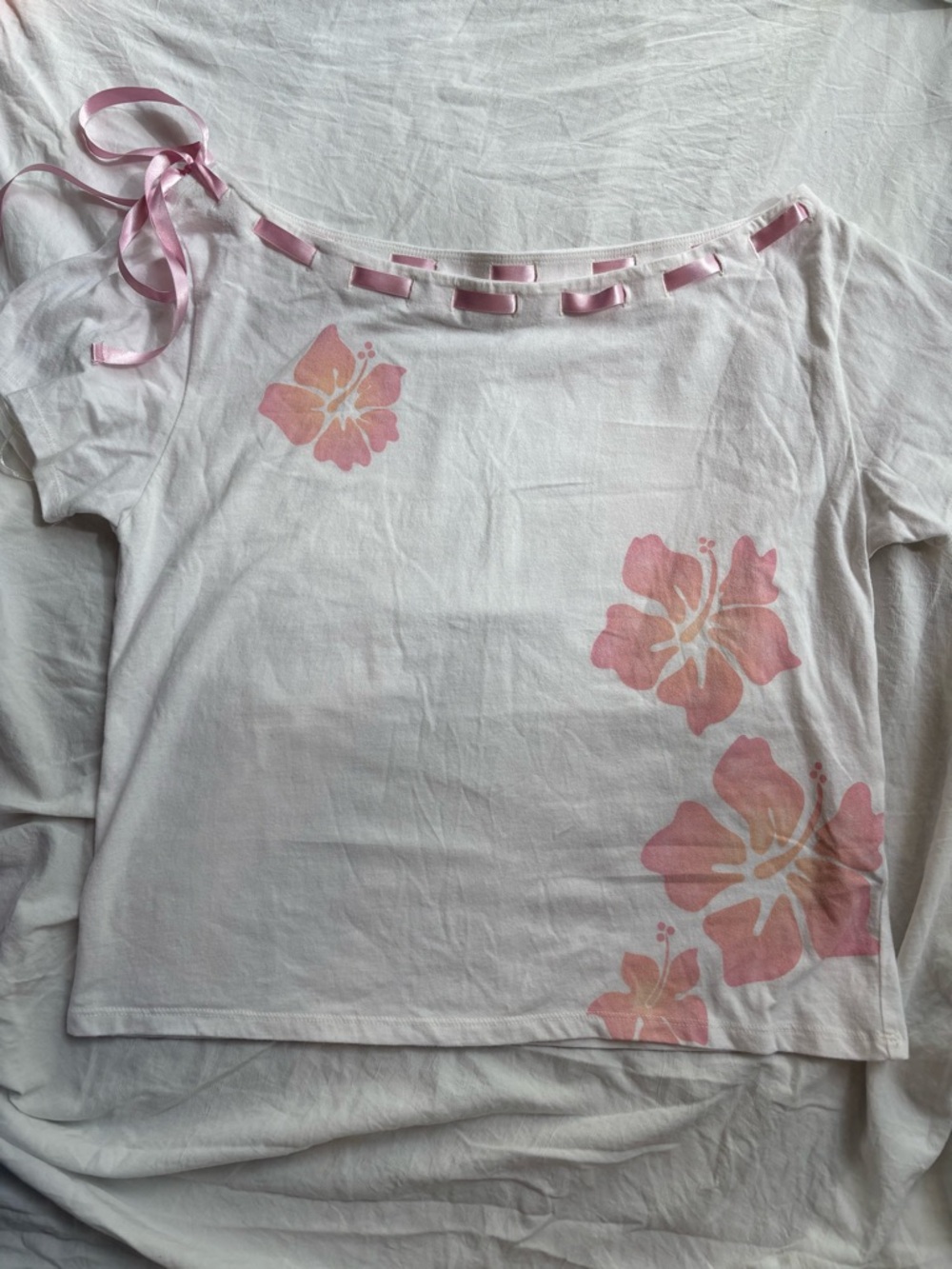 Hollister White Tee with Pink Floral Ribbon Neckline